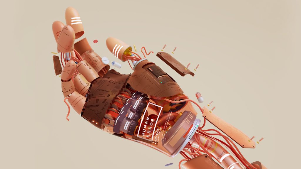 3D illustration of a human hand with mechanical parts