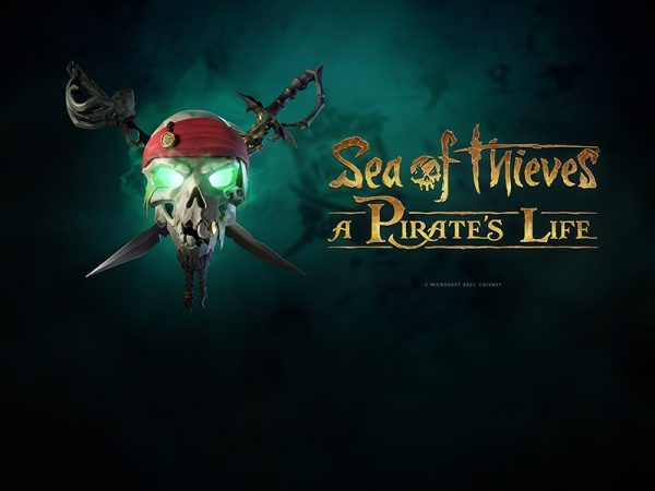 Skull with a pirates bandana next to Sea of Thieves logo