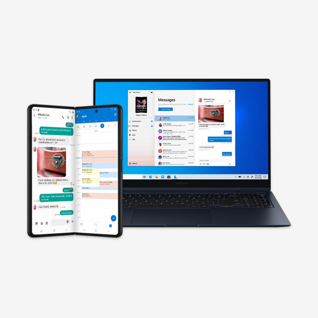 Samsung foldable next to Windows PC showing messages and calendar