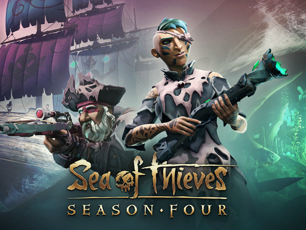 Two Sea of Thieves characters holding weapons in front of a ship