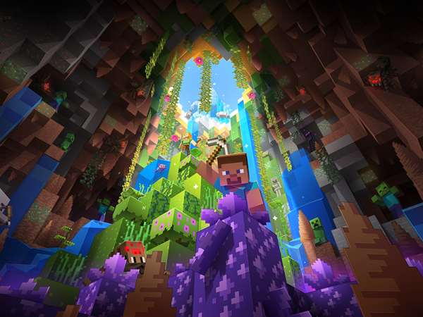Minecraft characters in a cave