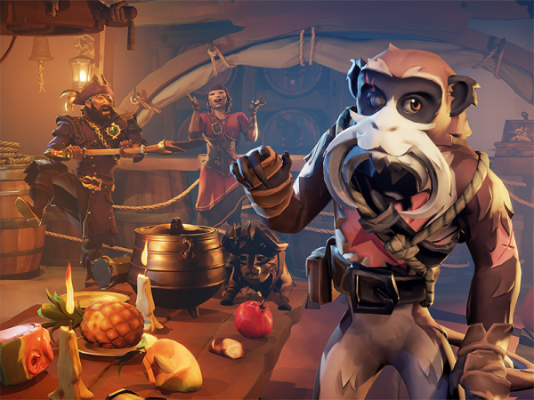Sea of Thieves characters around a table laden with food
