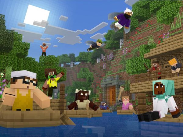 Minecraft characters, some in flight