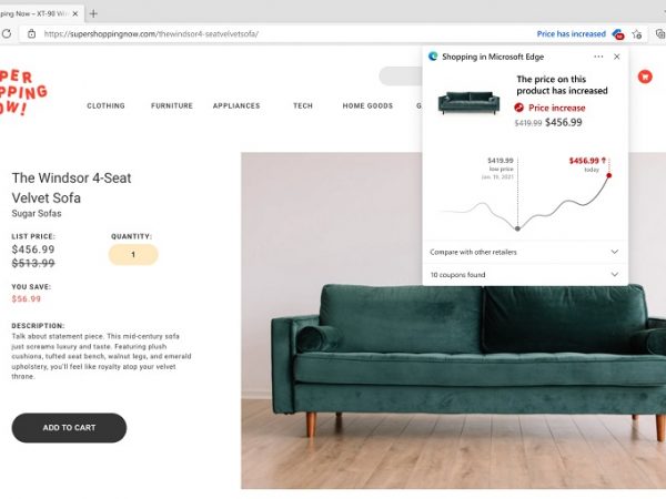 Green couch on screen with price comparison in a dialogue box above it