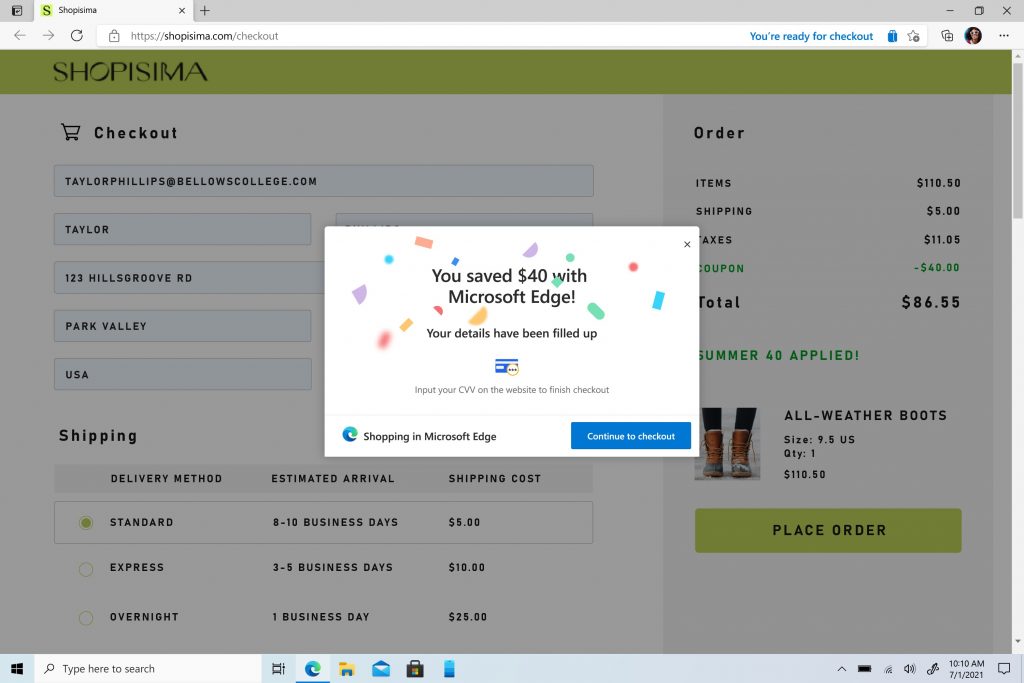 Microsoft Edge message imposed on screen showing savings using a coupon