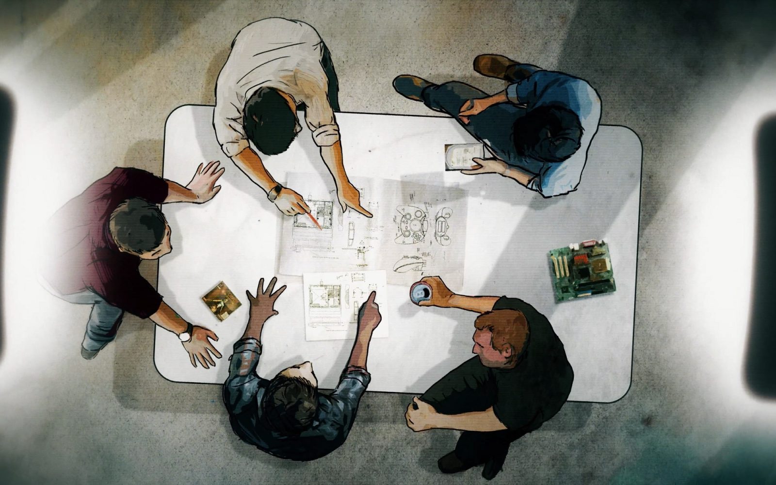 Illustration of five men working at a table, as seen from above