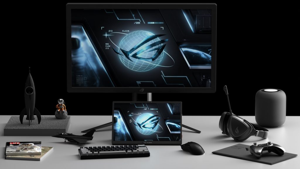 ROG Flow Z13 on a desk with other ROG products