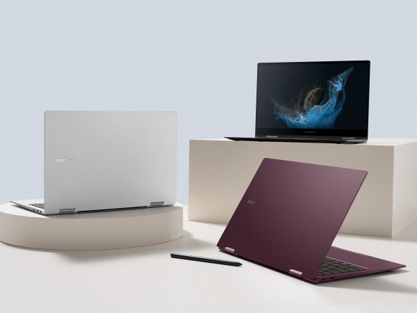 Three Galaxy Book2 Pro devices, one with pen