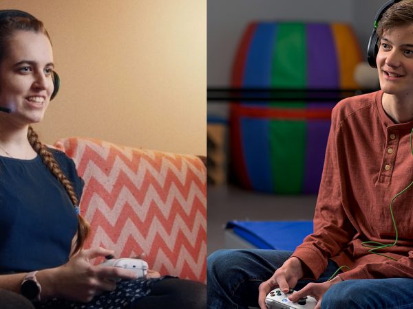 Megan Shaw and Jordan Strong on a split screen, wearing headsets and playing on Xbox