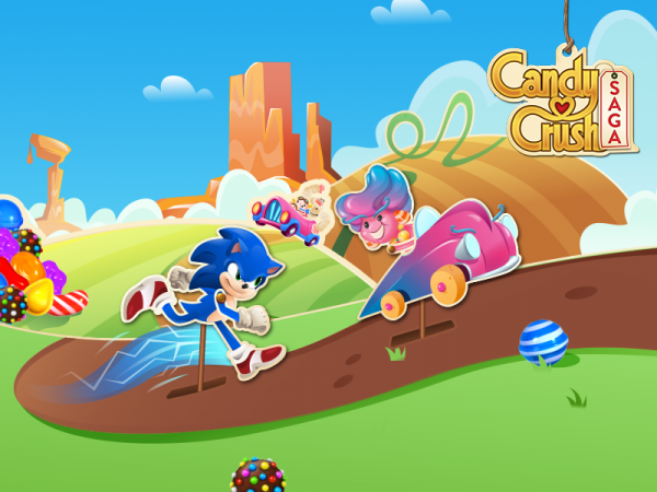 Sonic the Hedgtehog runs through Candy Crush landscape