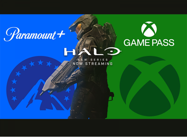 Halo character superimposed over logos for Paramount and Xbox