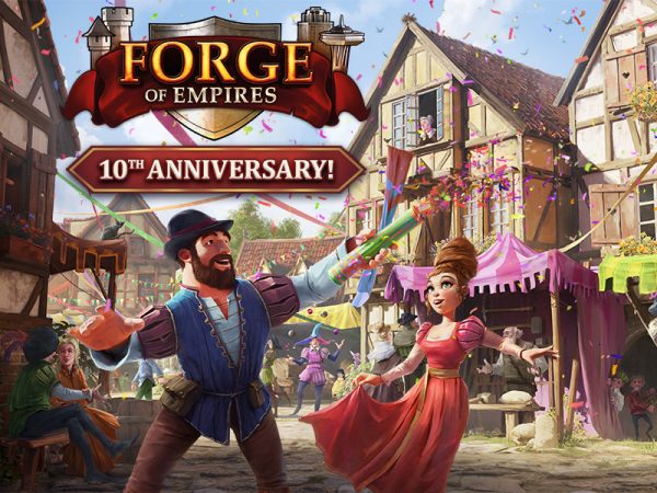 Forge of Empires characters celebrate in a town square