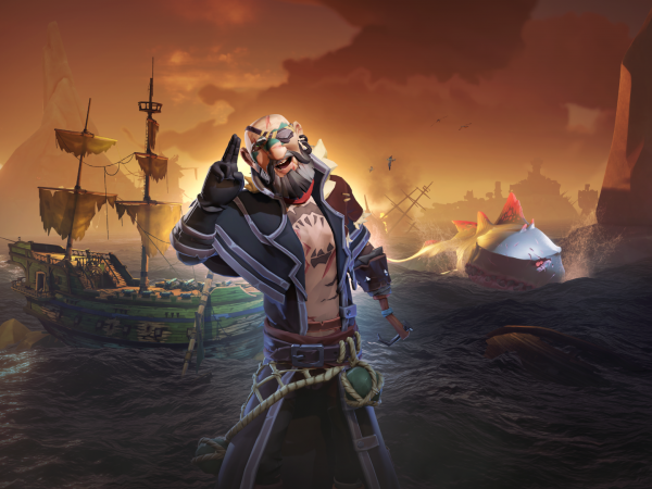 Pirate in the foreground with ships behind him on a stormy sea