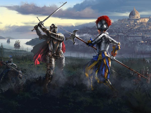 Two knights engaged in battle, one with a sword and the other with a lance