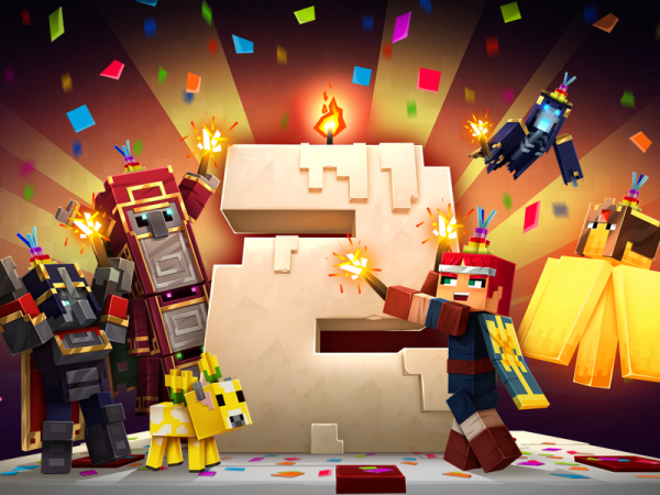 Minecraft characters celebrating with a large birthday cake in the shape of a two with a candle on top