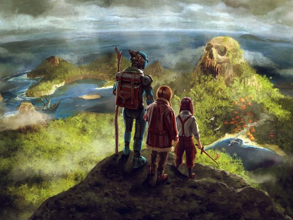 Three Fallout characters looking down from a hilltop toward a hill shaped as a skull with a cave for the mouth