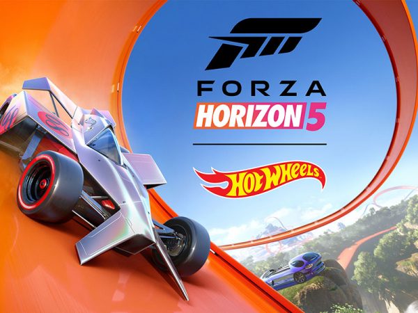 Racecar on a Hot Wheels track along with Forza and Hot Wheels logos