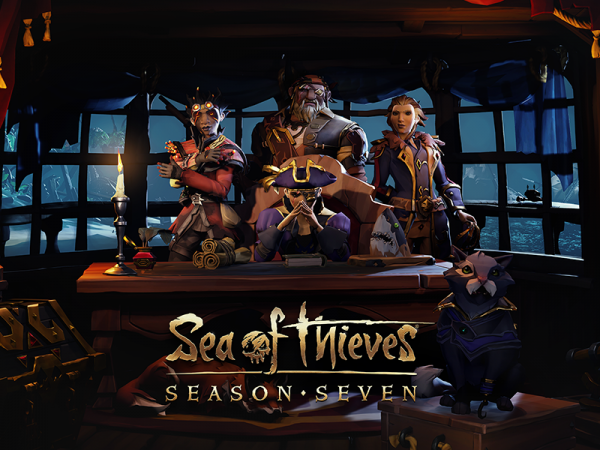 Four Sea of Thieves characters posing behind a table on a ship at sea