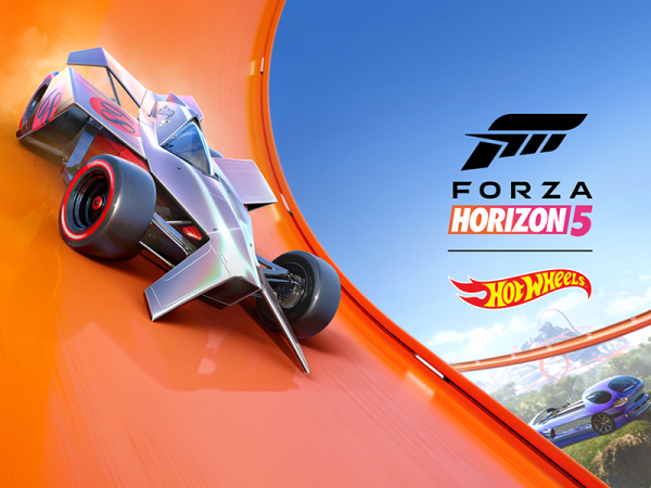 Racecar on a Hot Wheels track, along with logos for Forza Horizon 5 and Hot Wheels