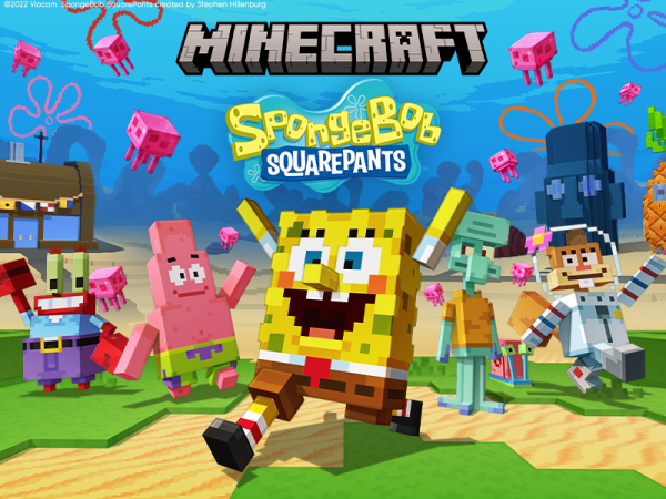 SpongeBob SquarePants as a Minecraft character along with his friends from Bikini Bottom