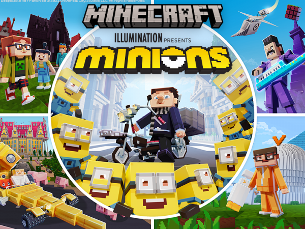 Minions as Minecraft characters, along with other Minecraft characters and structures