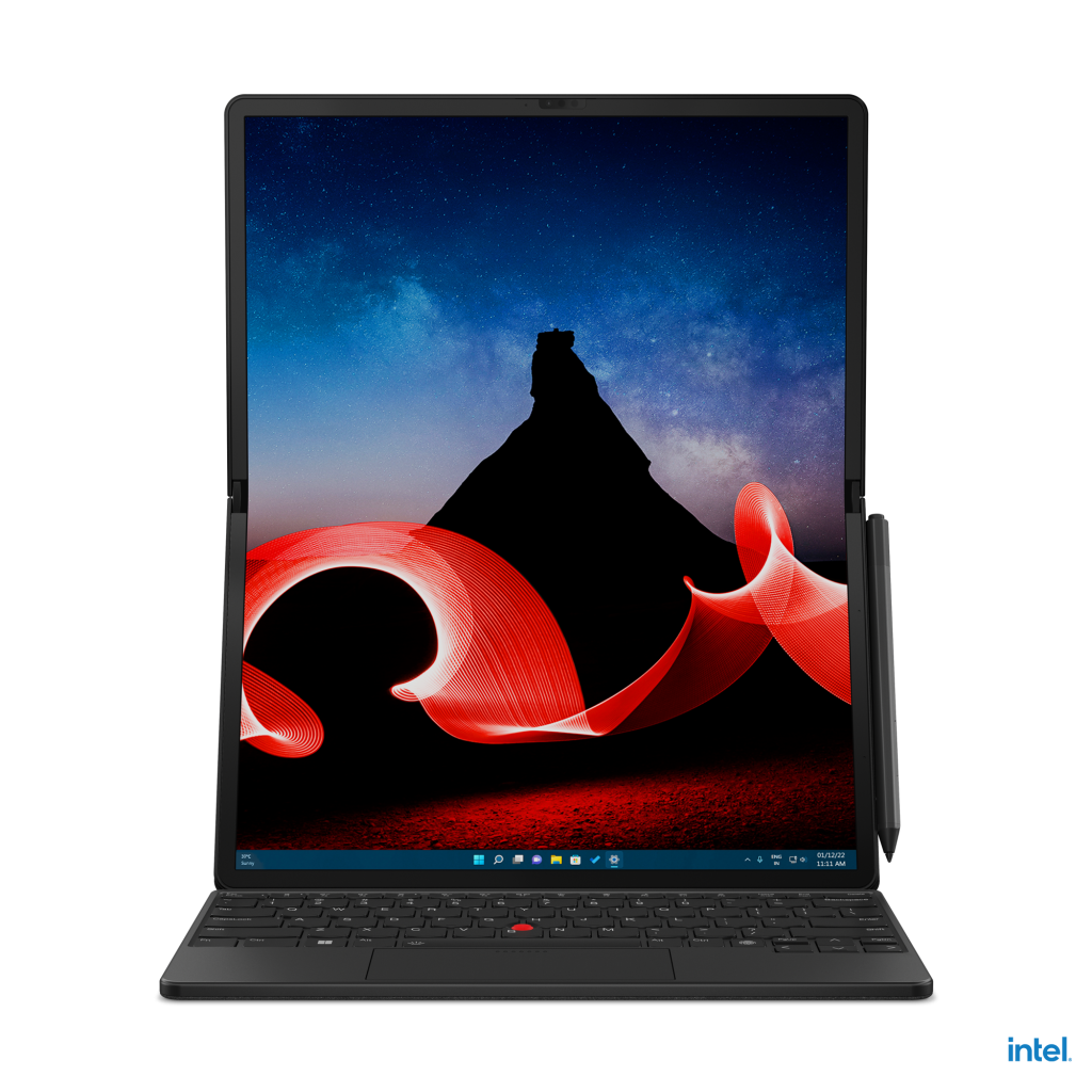 Fron view of Lenovo’s new ThinkPad X1 Fold rotated into portrait