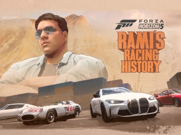Man wearing sunglasses next to text reading Forza Horizon 5 Rami's Racing History, above three cars next