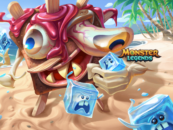 Monster on a beach attacking frightened ice cubes with faces