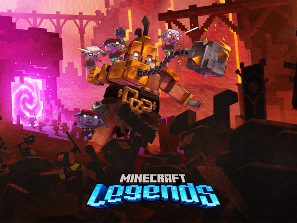Piglin army characters along with the words Minecraft Legends