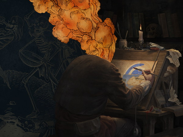 Character at a drawing table with flames and smoke rising where its head should be
