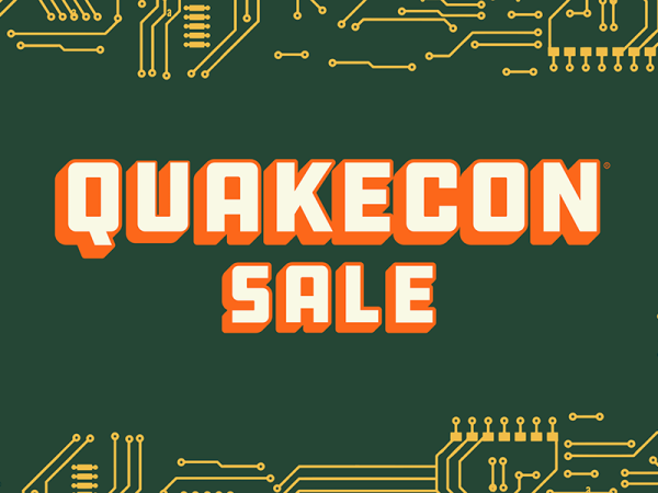 The words QuakeCon sale with printed circuit board graphics at the top and bottom of the image