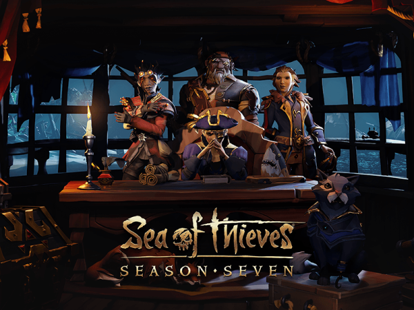 Four Sea of Thieves characters behind a table on a ship at sea; the captain seated and three sailors standing behind him