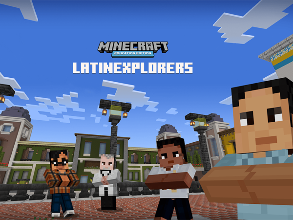 Four Minecraft characters standing in a public square, along with the words Minecraft LatinExplorers