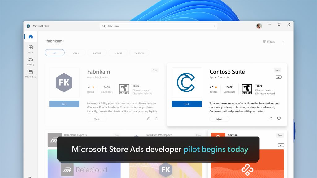 Microsoft Store Ads developer pilot user interface