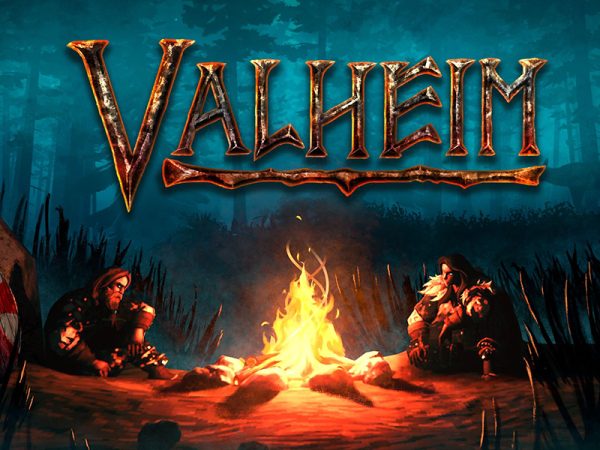 Two bearded Vikings sitting around a fire, along with a banner at the top reading Valheim