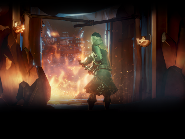 Rear view of a Sea of Thieves character drawing his sword as he approaches a doorway where flames on the other side await to greet him
