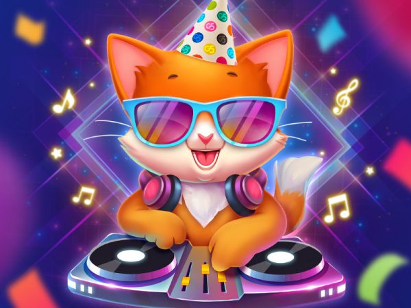 Cartoon kitten wearing sunglasses and birthday hat uses paws to manipulate two phonograph turntables