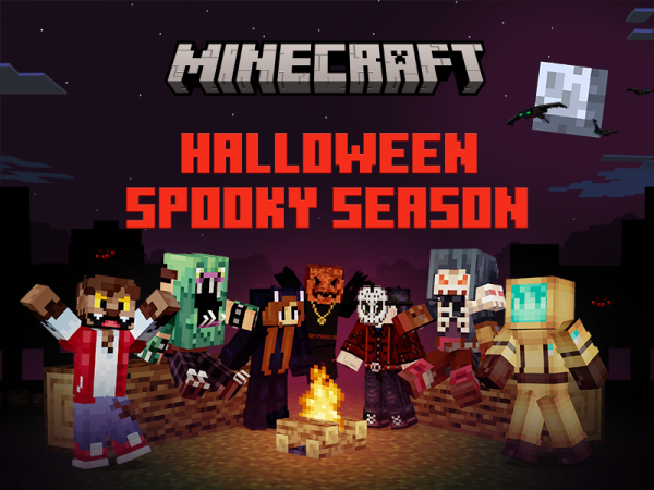 Halloween monsters as Minecraft characters gathered around a fire underneath the words Minecraft Halloween Spooky Season