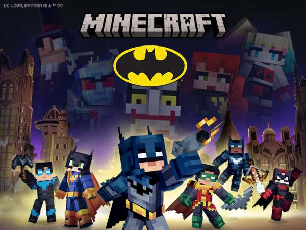 Batman stars as Minecraft characters, with the Batman logo and the word Minecraft above them