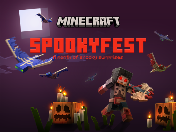 Minecraft character with jack o' lantern and the words Minecraft Spookyfest