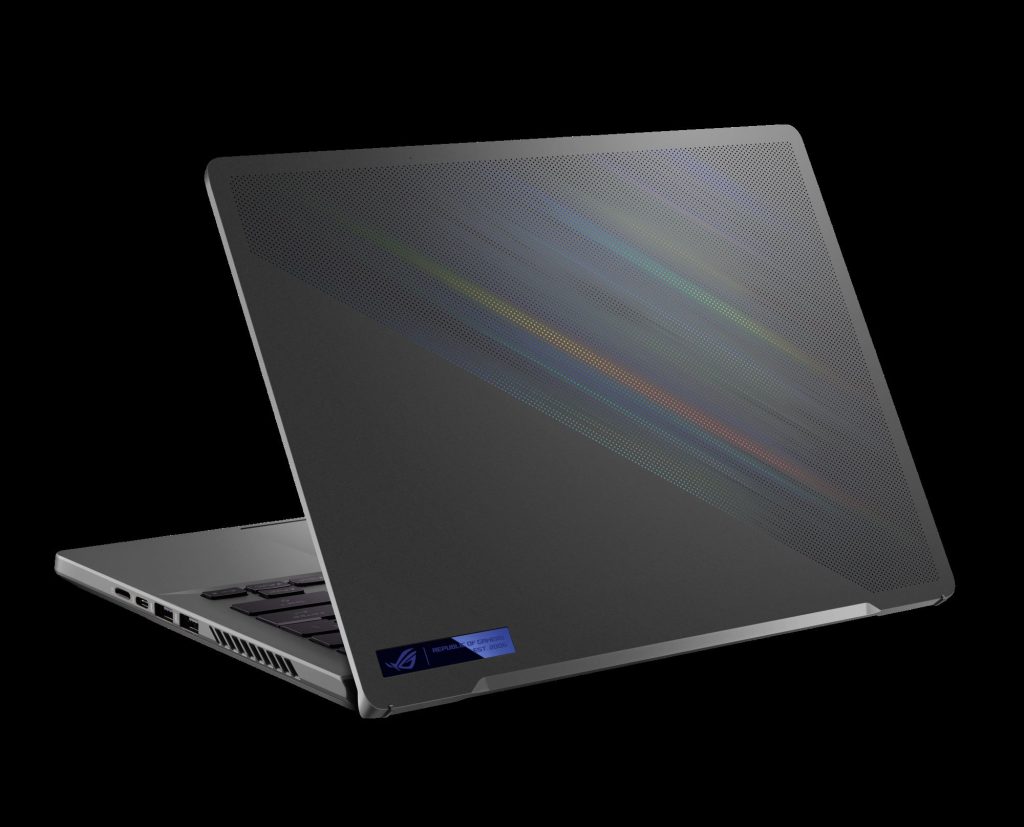 Laptop open as seen from the back with colorful diagonal stripes on part of the lid