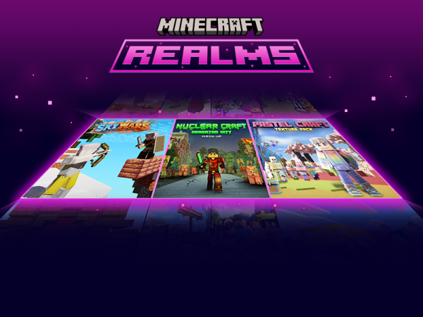 Minecraft Realms with three panels showing what's available