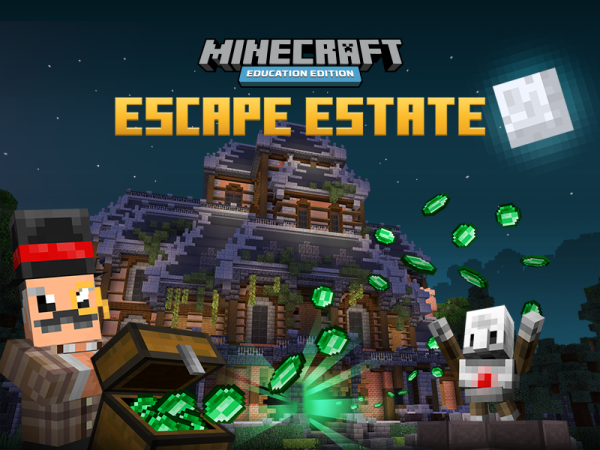 Emeralds flying out of treasure chest as Minecraft characters look on under text reading Minecraft Education Edition Escape Estate