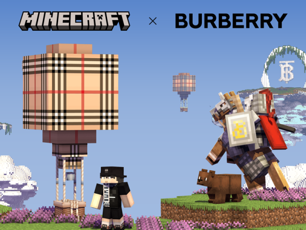 Minecraft characters exploring a landscape with Burberry fashions