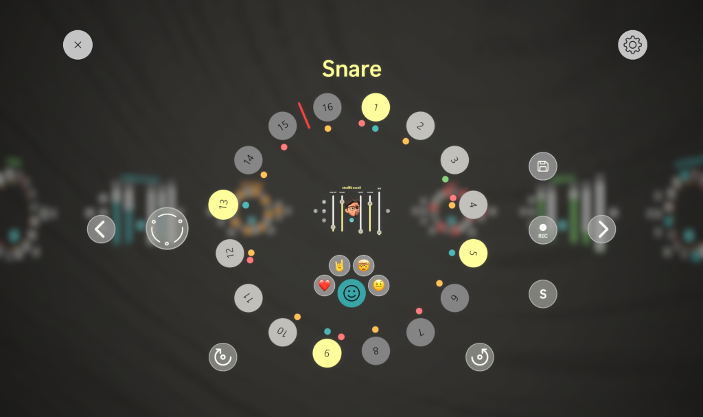 Screenshot of DuoRhythmo app showing Snare drum circle