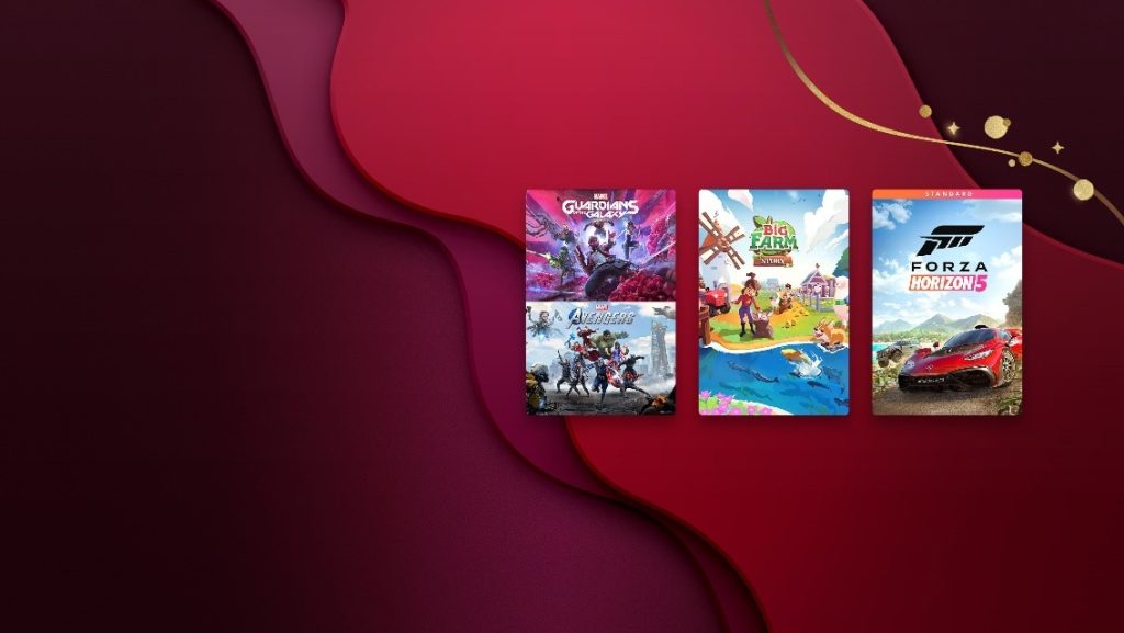 Three game titles set against a red background