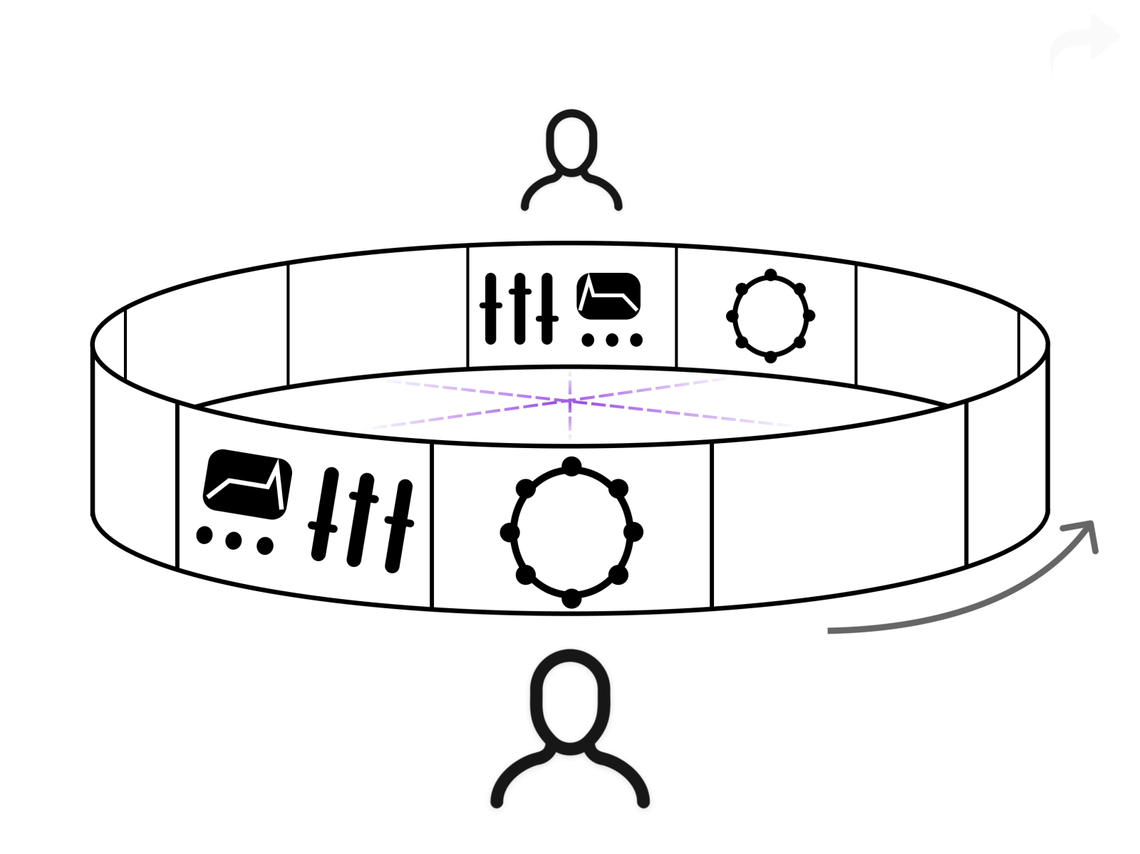 Computer drawn sketch showing different screens of app carousel-style, with two people on either side