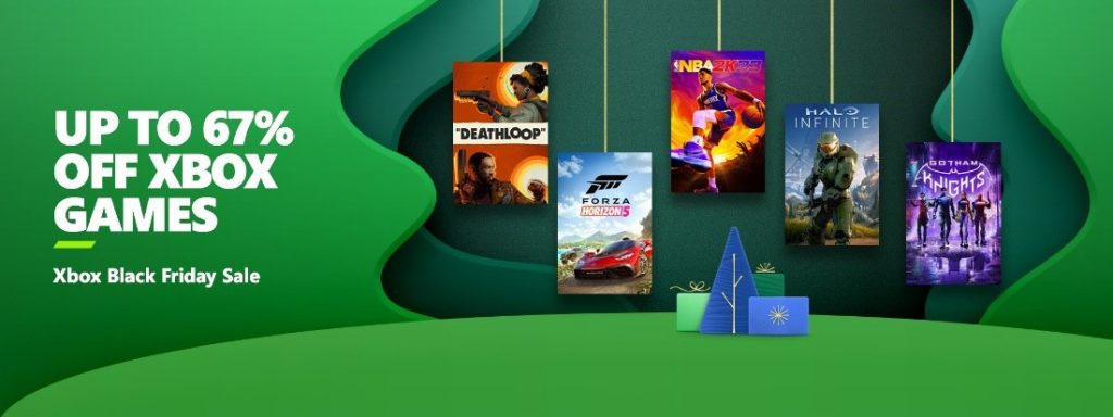 Game covers hanging like ornaments with wrapped presents underneath