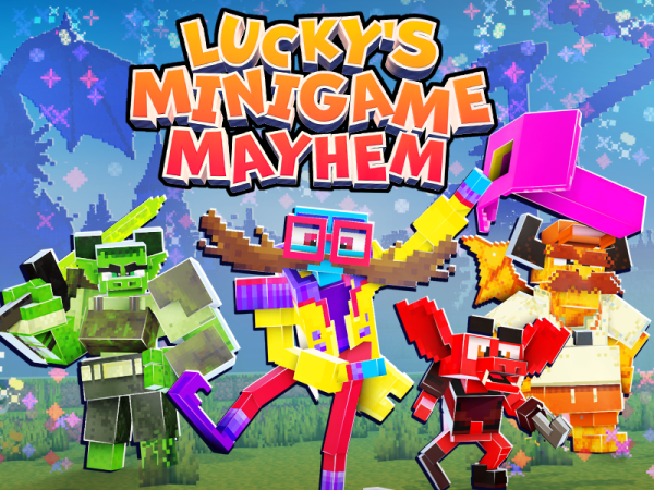 Minecraft characters and text reading Lucky's Minigame Mayhem