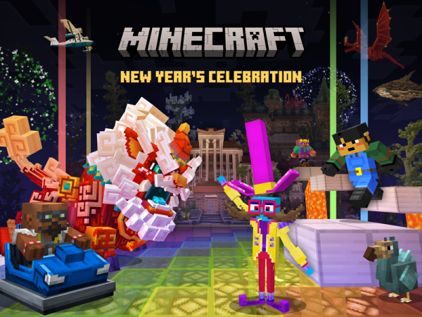 Minecraft characters celebrating New Years